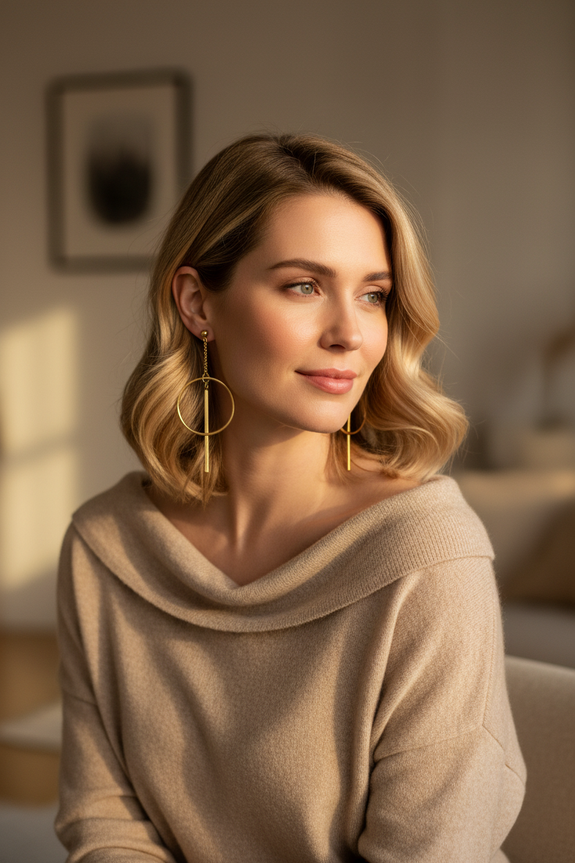 Caucasian woman with gold chain-drop earrings