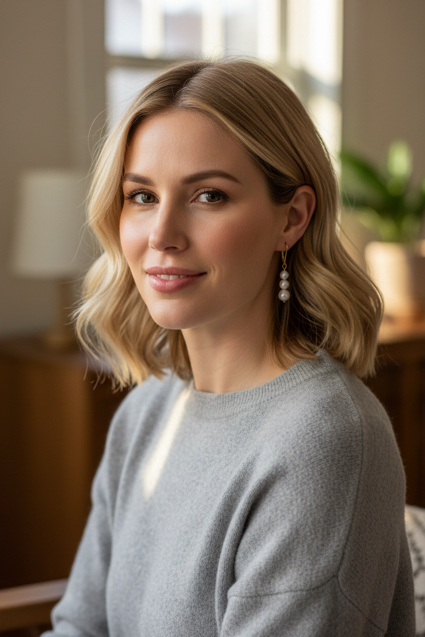 Caucasian woman with gold pearl earrings