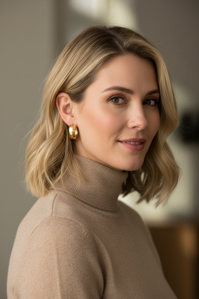 Caucasian woman with gold wide huggie hoops