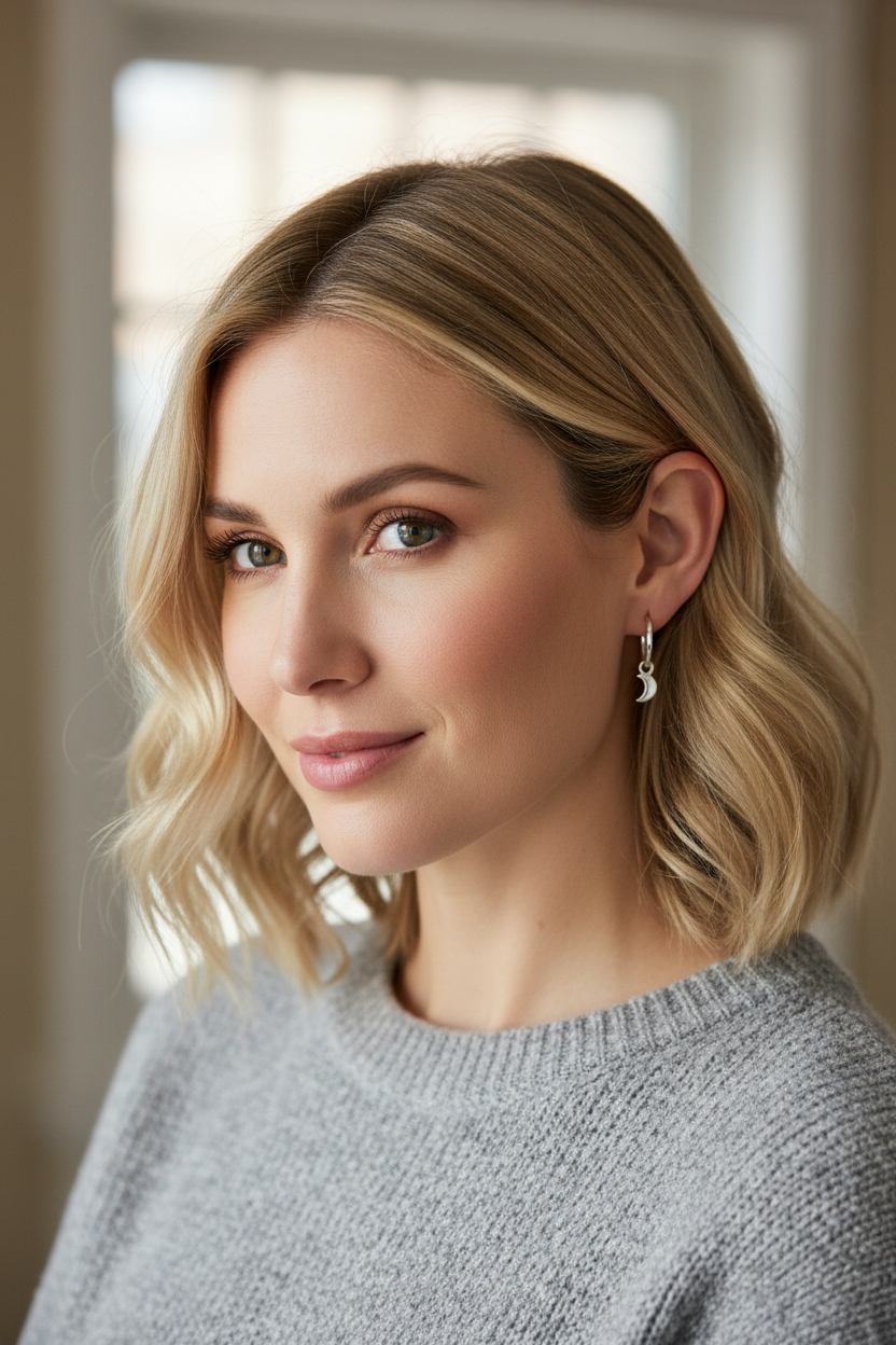 Caucasian woman with moon and star earrings