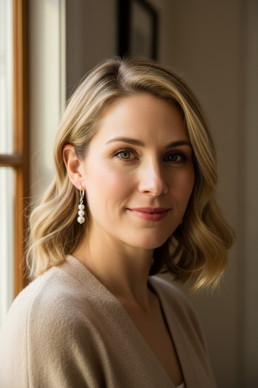 Caucasian woman with sterling silver pearl earrings