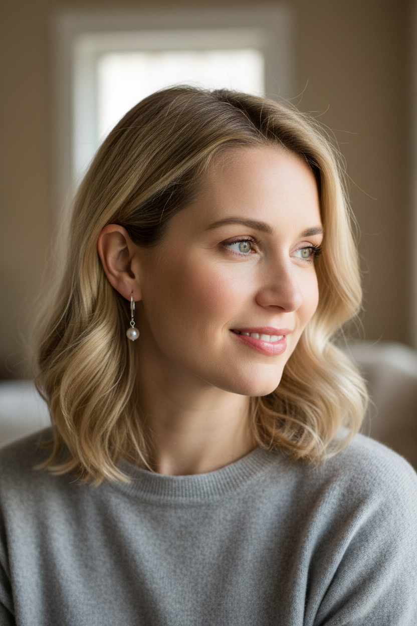Caucasian woman with sterling silver pearl earrings