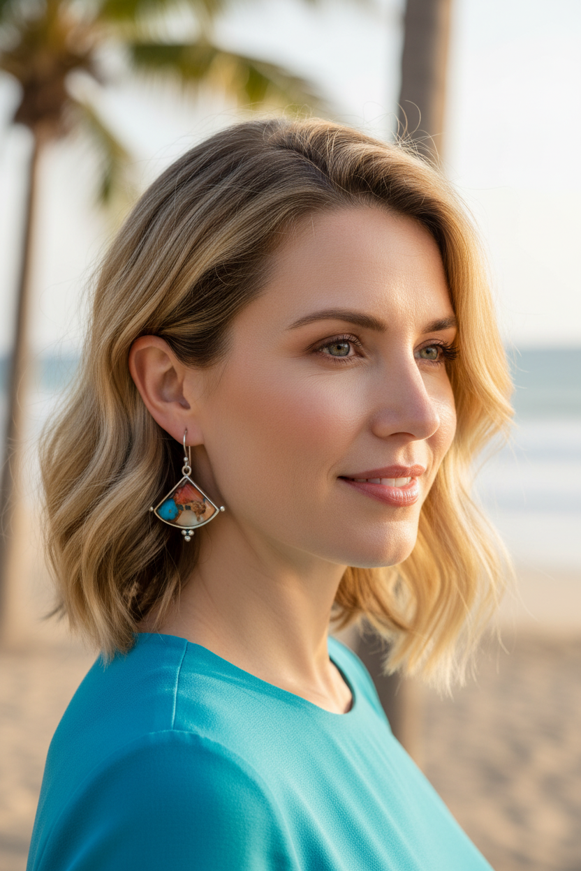 Caucasian woman with triangle turquoise earrings