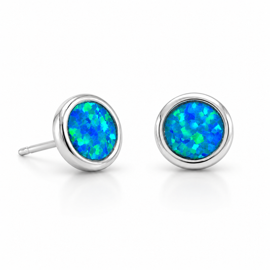 Synthetic Blue Opal Round Stud Earrings Rhodium Plated 925 Sterling Silver 7mm