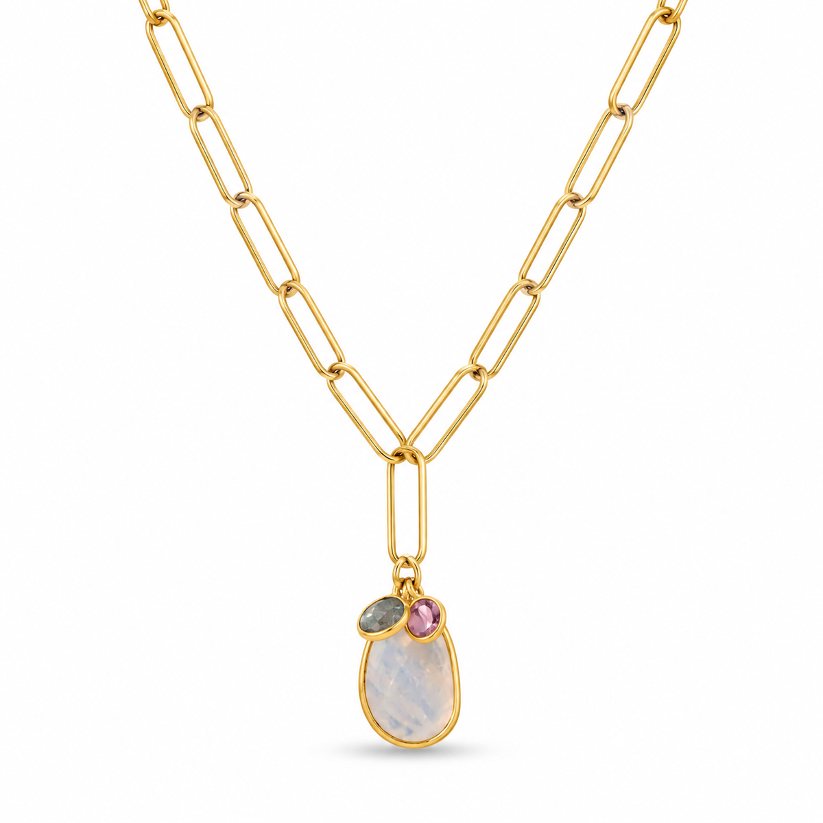 Amethyst Labradorite Moonstone Charm Necklace 14K Gold 925 Silver Paperclip 20in