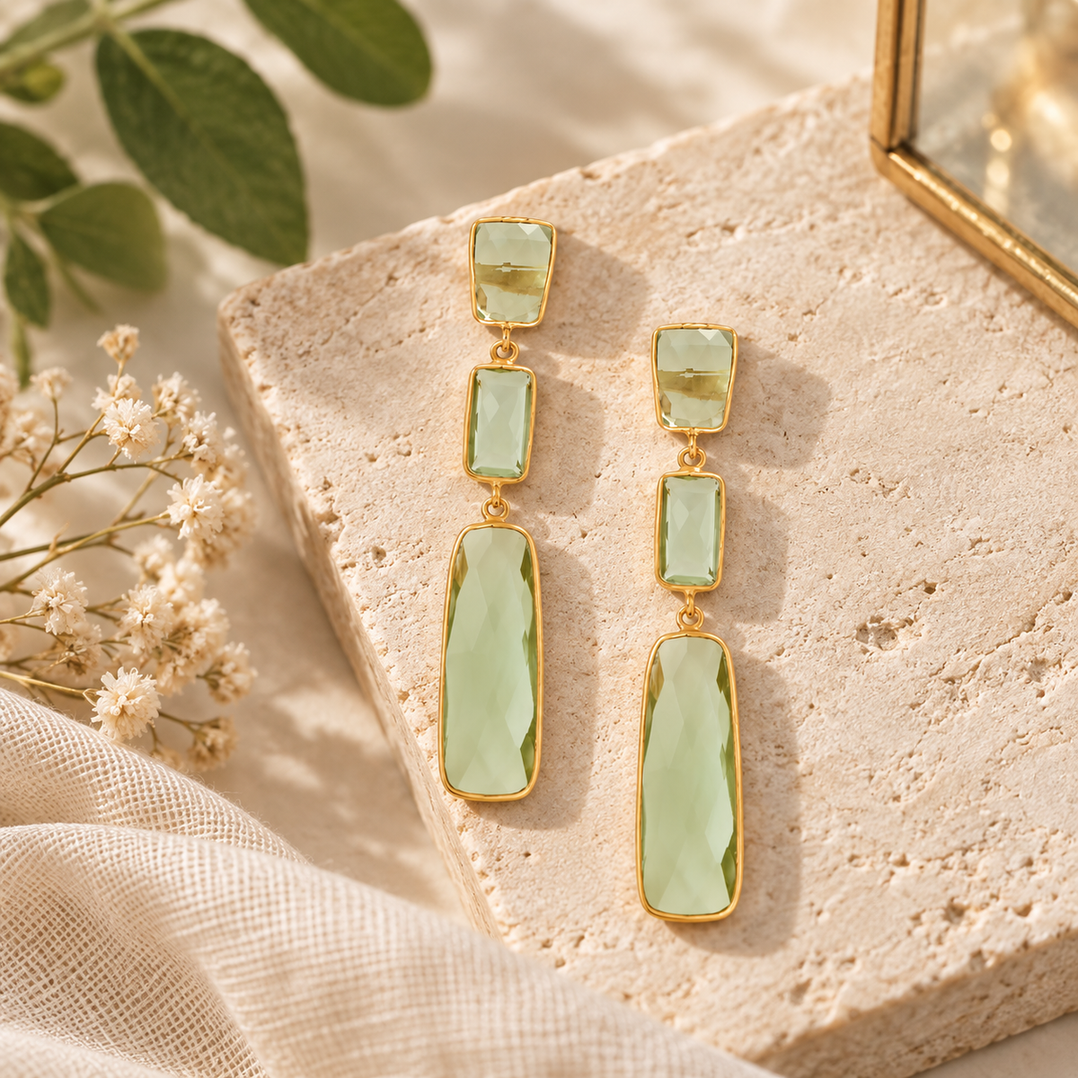 Prasiolite Rectangle Drop Earrings 14K Gold Plated 925 Sterling Silver 65mm