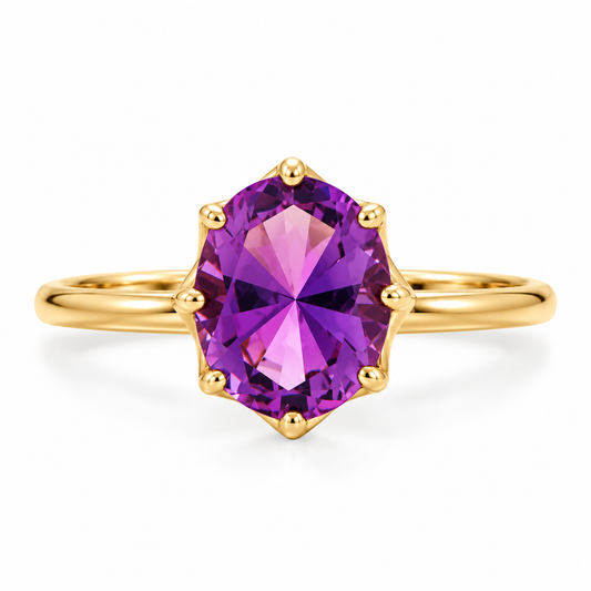 Precision Cut Amethyst Ring 14K Gold 10x8mm Openwork Setting Sizes 6-8