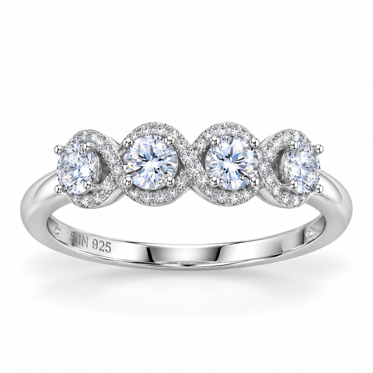 Rhodium Plated 4 CZ Halo Edge Tapered Ring 925 Silver 4.5mm CZ 3.8mm Sizes 6-9