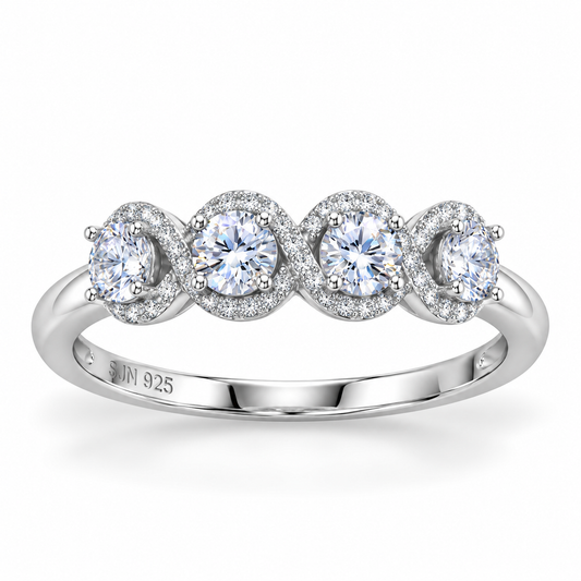 Rhodium Plated 4 CZ Halo Edge Tapered Ring 925 Silver 4.5mm CZ 3.8mm Sizes 6-9