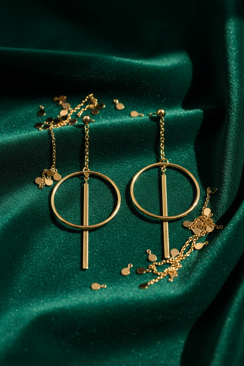 Chain-drop earrings on emerald green velvet