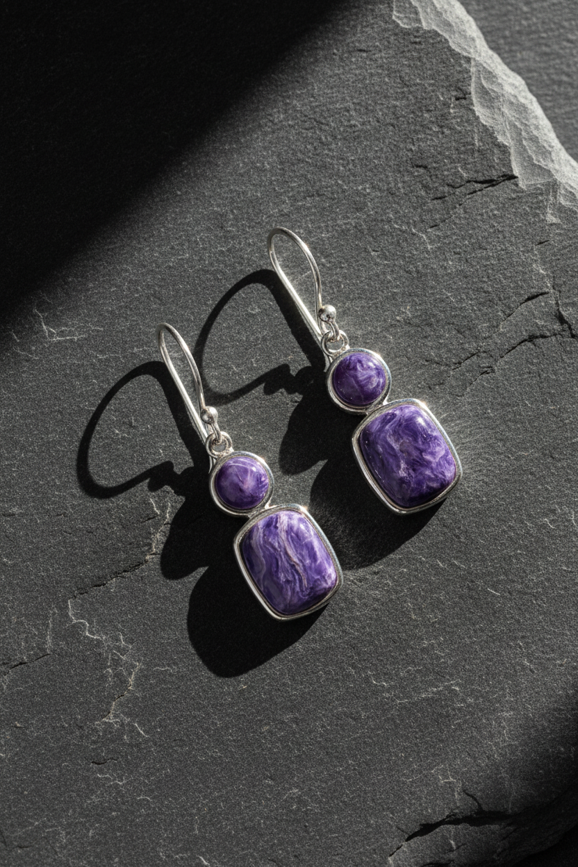 Charoite earrings on slate stone