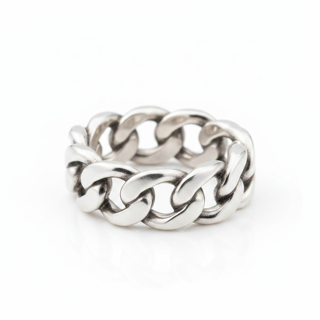 Chunky Cuban Link Chain Silver Ring Pure White Background Tilted Reflection 1x1