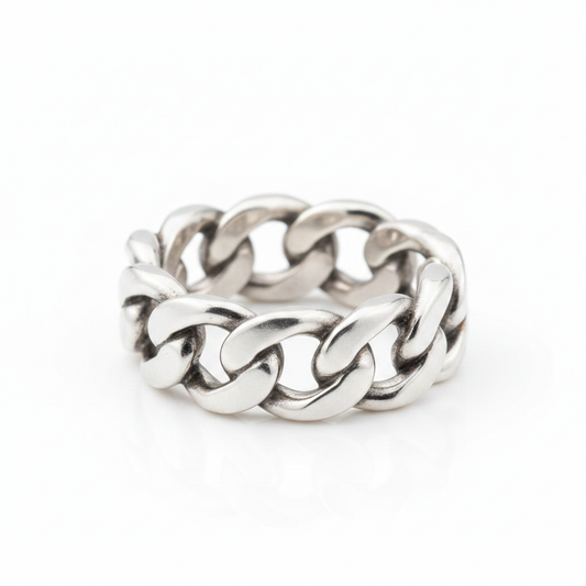 Chunky Cuban Link Chain Silver Ring Pure White Background Tilted Reflection 1x1