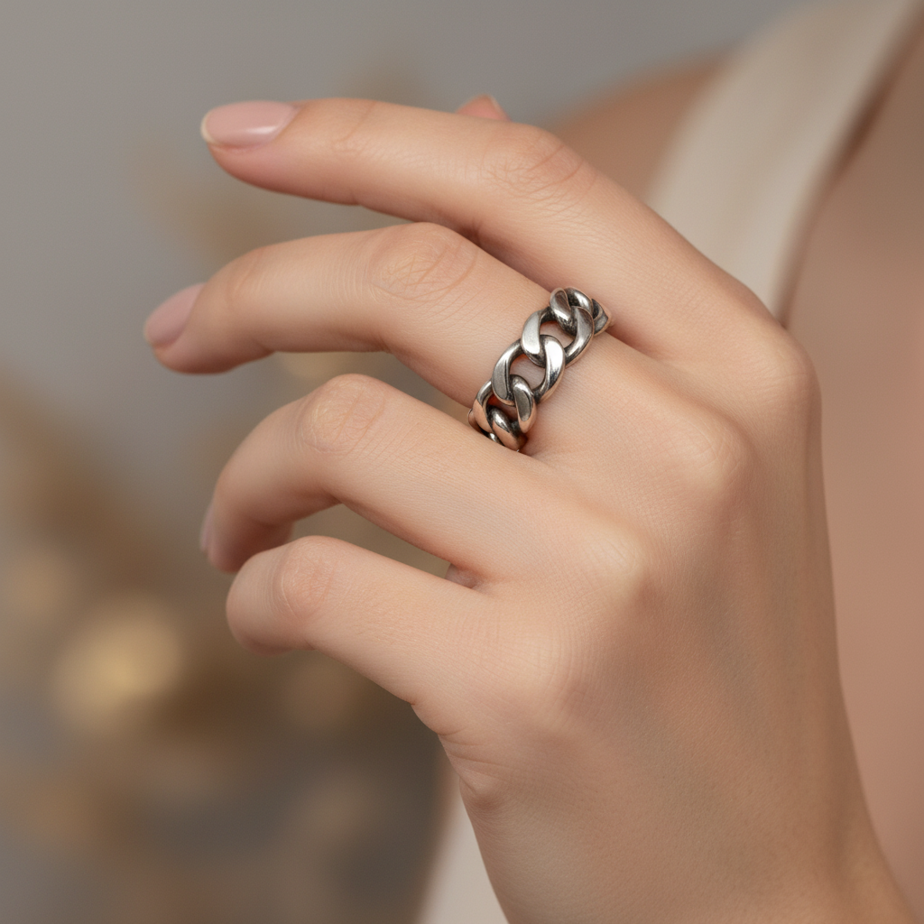 Chunky Cuban Link Oxidized Silver Ring Female Model Hand 1x1