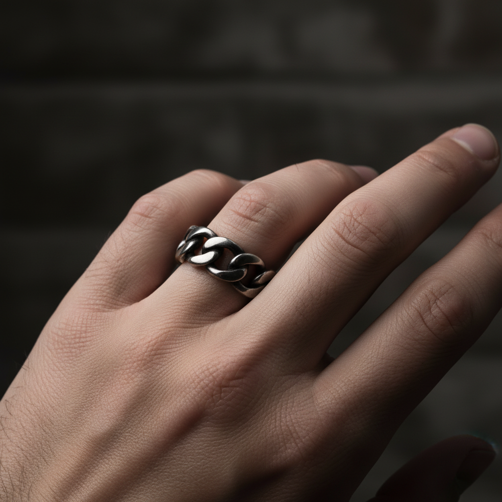 Chunky Cuban Link Oxidized Silver Ring Male Model Hand 1x1