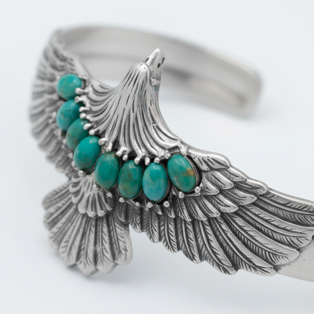 Close-up Detail - Silver Eagle Turquoise Cuff Bracelet