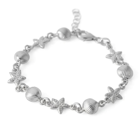 Sterling Silver Shell and Starfish Bracelet, Rhodium Plated, 6.5+1 Inch, Italian Made
