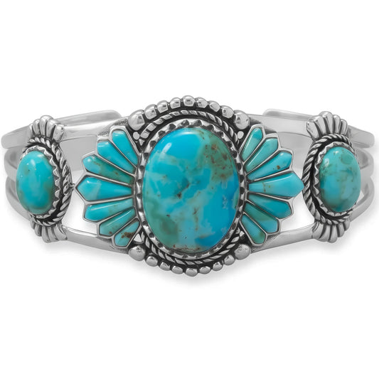 Turquoise Cuff Bracelet - Sterling Silver Southwest Deco Design