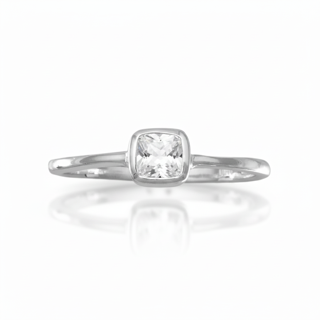Cushion Cut White Topaz Bezel Solitaire Silver Ring 45 Degree Flat Lay Top Down 1x1