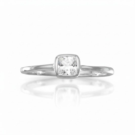 Cushion Cut White Topaz Bezel Solitaire Silver Ring 45 Degree Flat Lay Top Down 1x1