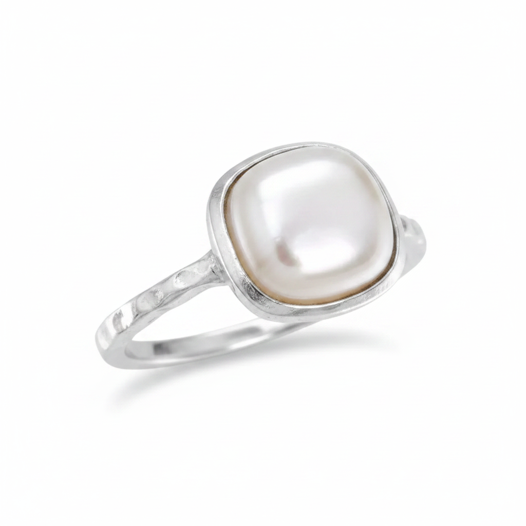 Cushion Square Mabe Pearl Bezel Hammered Textured Band Silver Ring Supplier Reference Pure White Background Tilted 1x1