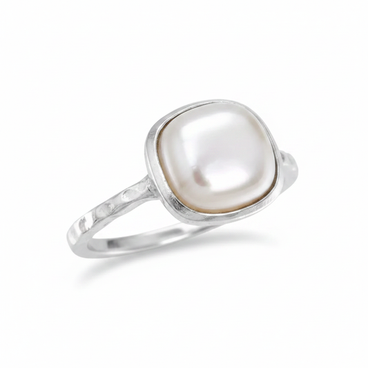 Cushion Square Mabe Pearl Bezel Hammered Textured Band Silver Ring Supplier Reference Pure White Background Tilted 1x1