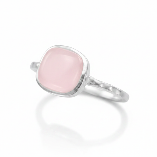 Cushion Square Rose Quartz Bezel Silver Ring Pure White Background Tilted Reflection 1x1