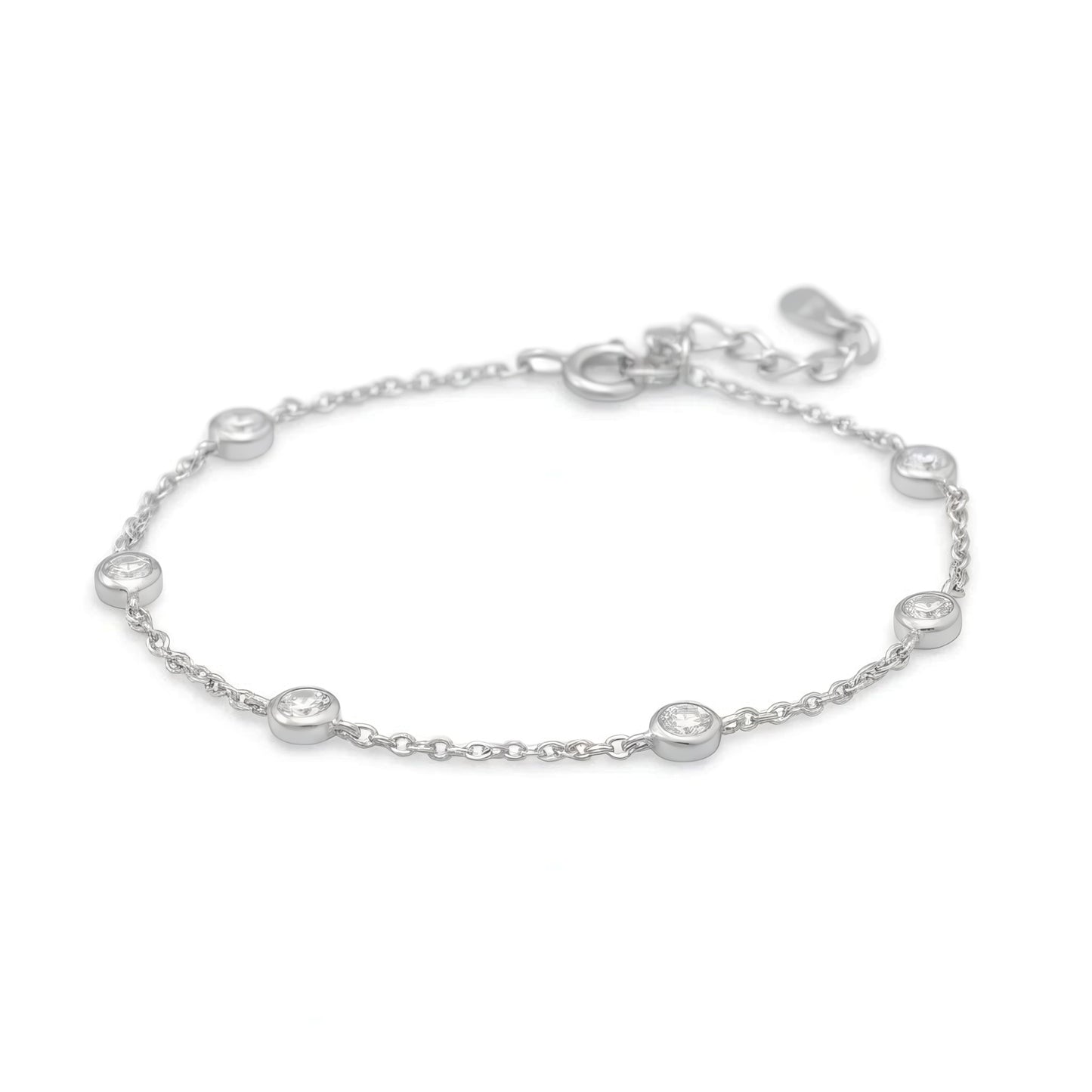 Sterling Silver CZ Bracelet, 7 Inch with 1 Inch Extension, 4mm Bezel Set Stones, Rhodium Plated