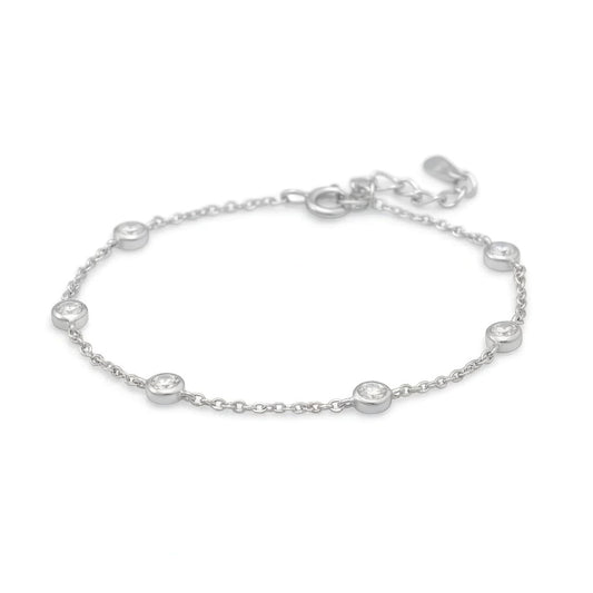 Sterling Silver CZ Bracelet, 7 Inch with 1 Inch Extension, 4mm Bezel Set Stones, Rhodium Plated