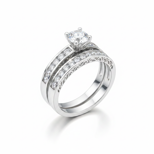 CZ Diamond Bridal Ring Set All Sterling Silver No Rose Gold Beach Reference Pure White Background Tilted Reflection 1x1