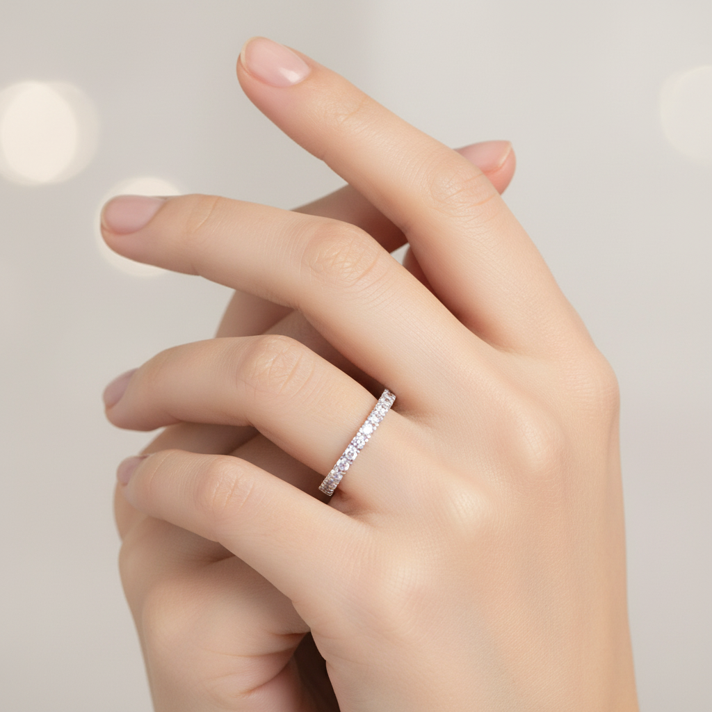 CZ Full Eternity Band Sterling Silver Elegant Female Model Hand Nude Nails Soft Bokeh Lifestyle 1x1