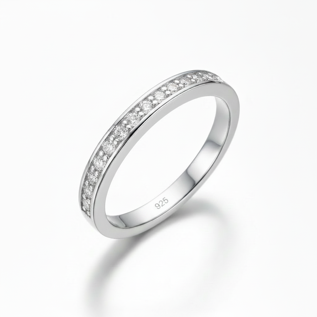 CZ Half Eternity Channel Set Band Ring 925 Only Pure White Background Tilted Reflection 1x1