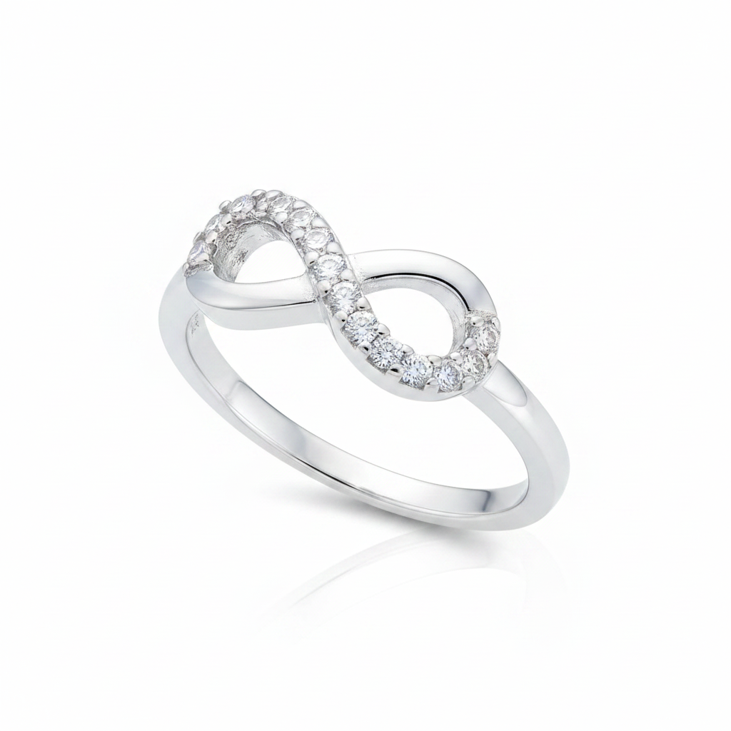 CZ Infinity Symbol Silver Ring Pure White Background Tilted Reflection 1x1