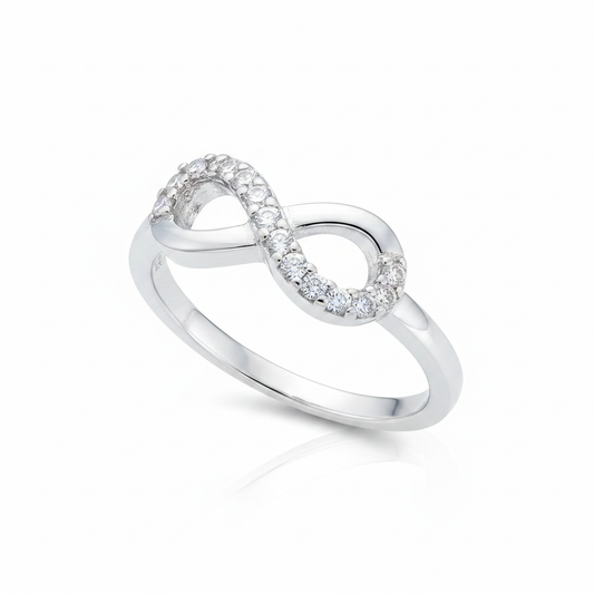 CZ Infinity Symbol Silver Ring Pure White Background Tilted Reflection 1x1