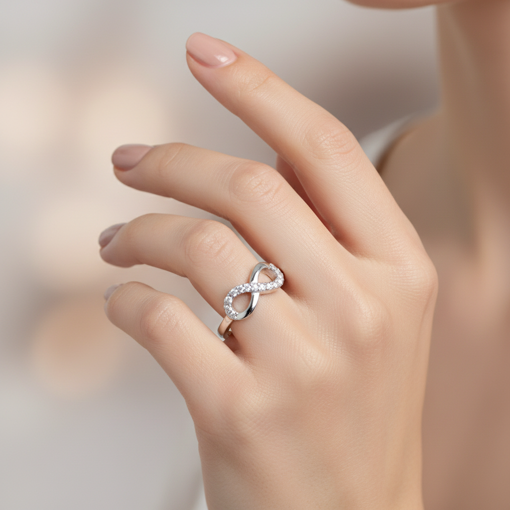 CZ Infinity Symbol Silver Ring Real Female Model Hand Lifestyle 1x1
