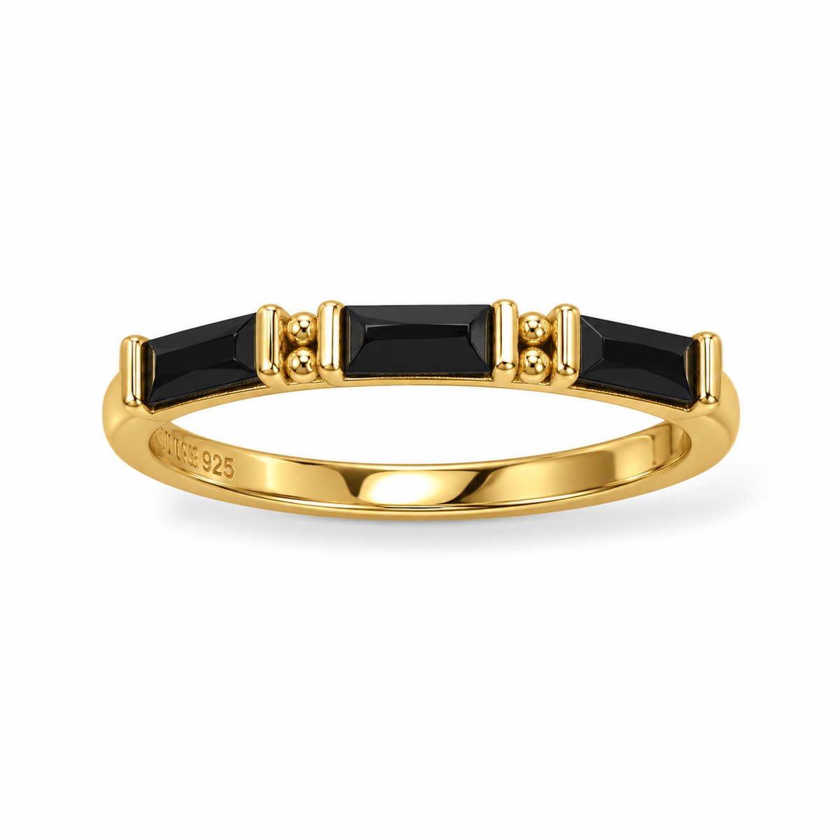 14K Gold Plated Black Baguette CZ Ring 2.5x5mm CZ 2mm Wide Sizes 6-9