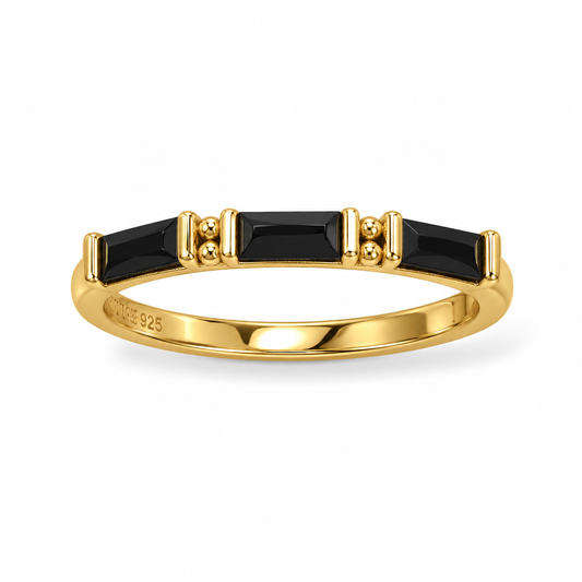 14K Gold Plated Black Baguette CZ Ring 2.5x5mm CZ 2mm Wide Sizes 6-9