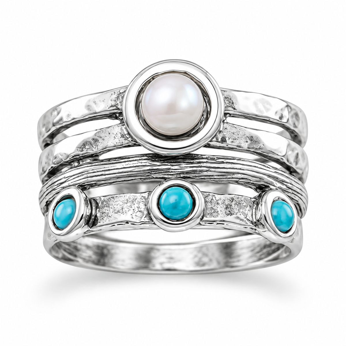 Oxidized Pearl Turquoise Split Band Ring 925 Silver 5mm Pearl 3mm Sizes 6-9