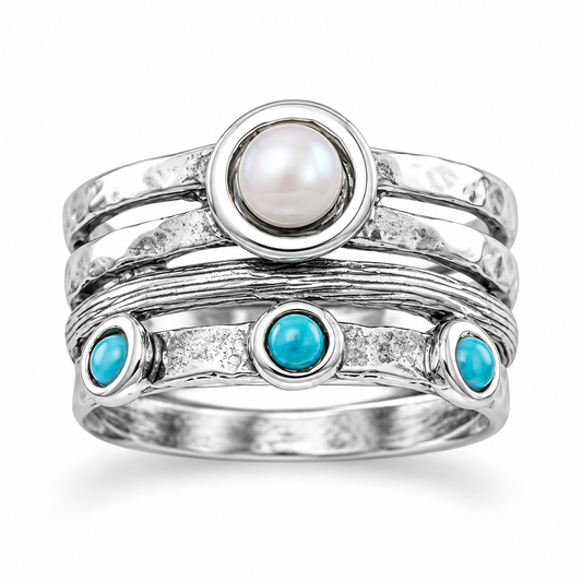 Oxidized Pearl Turquoise Split Band Ring 925 Silver 5mm Pearl 3mm Sizes 6-9