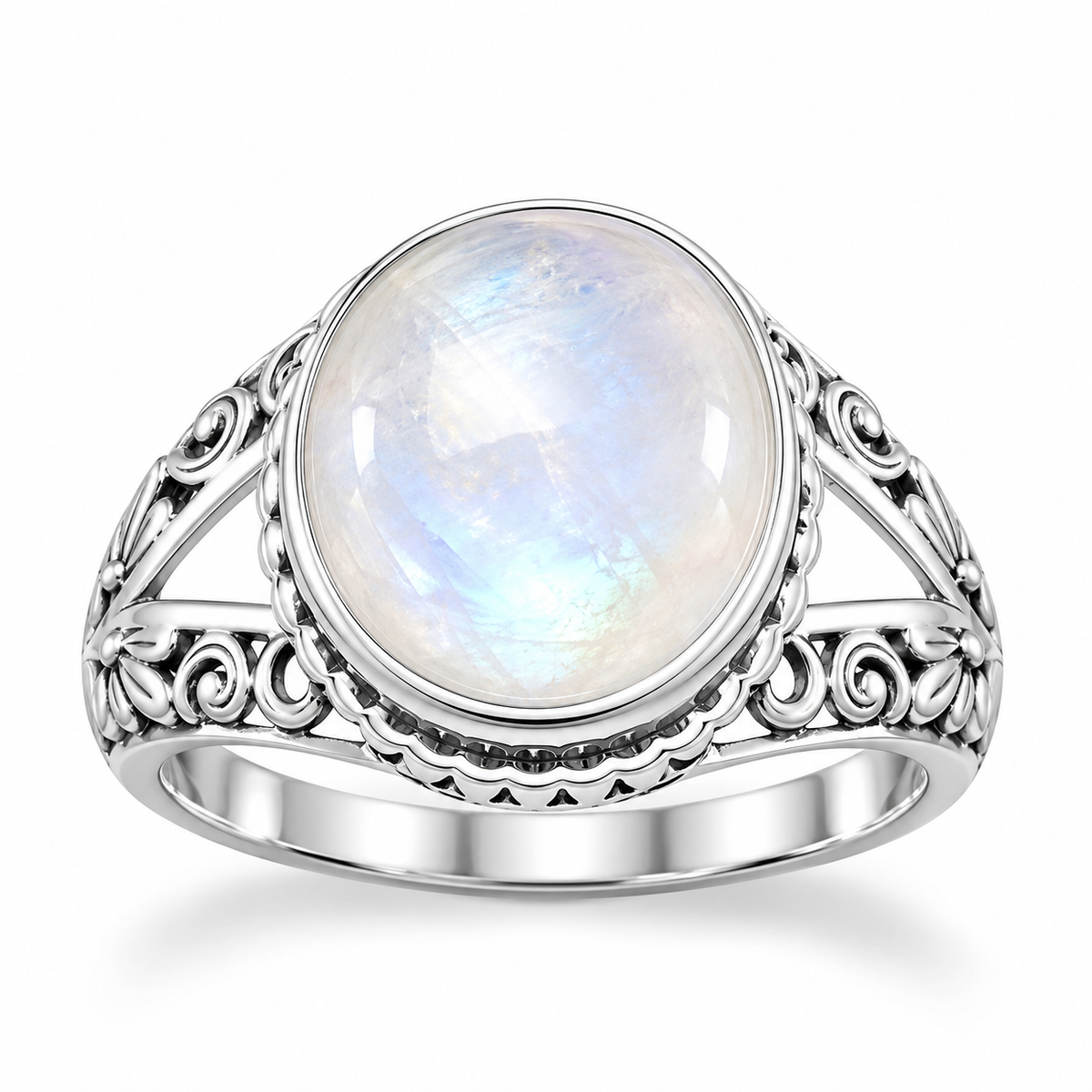 Oxidized Ornate Split Band Faceted Rainbow Moonstone Ring 925 Silver 10.5x12mm