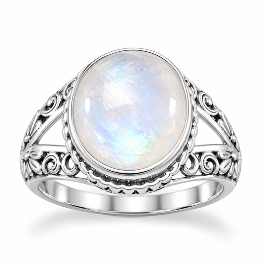 Oxidized Ornate Split Band Faceted Rainbow Moonstone Ring 925 Silver 10.5x12mm