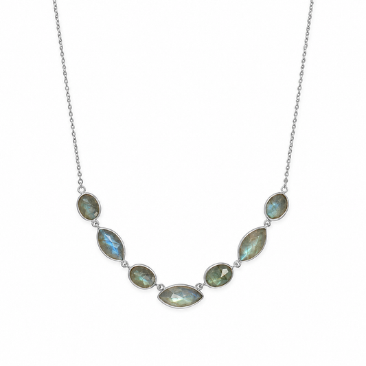 Multi-Shape Labradorite Necklace Rhodium 925 Silver Round Marquise Faceted 16+2in