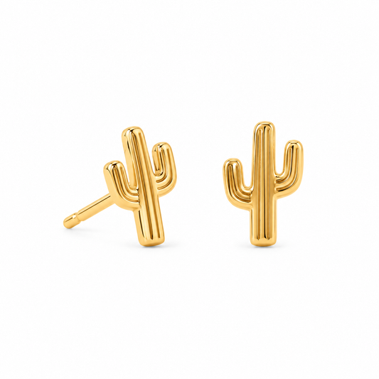 Mini Saguaro Cactus Stud Earrings 14K Gold Plated 925 Sterling Silver 5.1x8mm