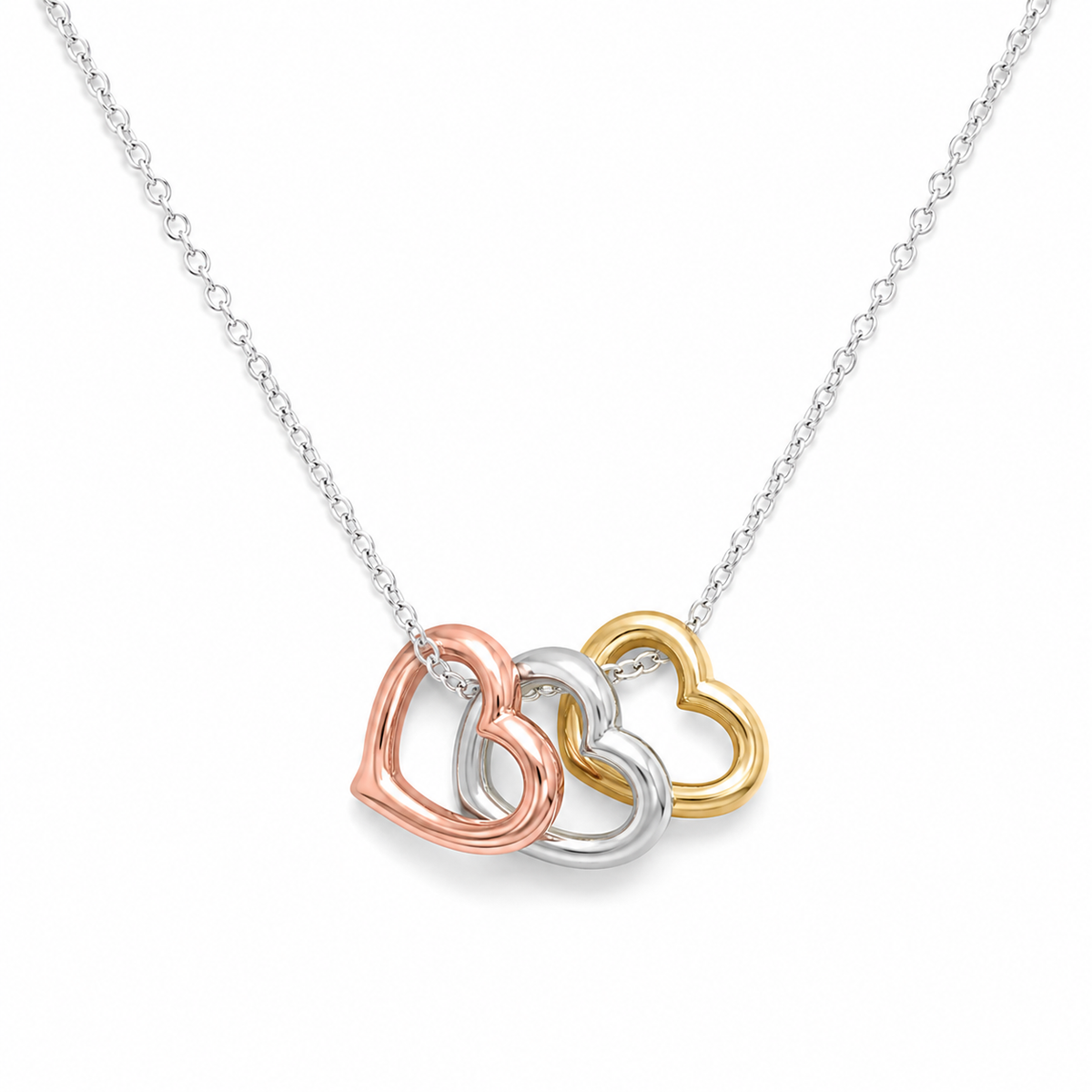 Tri Tone Heart Necklace 14K Yellow Rose Gold Silver 925 9mm Spring Ring 15.75