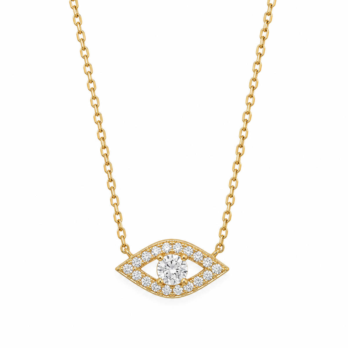 CZ Evil Eye Necklace 14K Gold Plated 925 Sterling Silver 9.5x18.5mm 16+2in