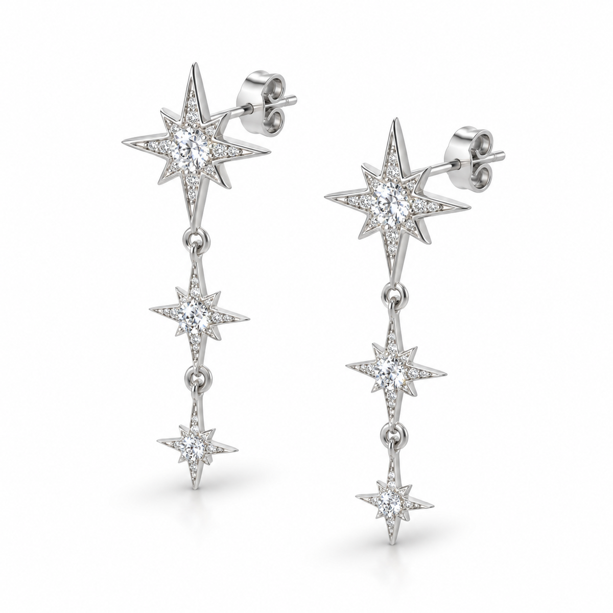 Triple CZ Starburst Cascade Drop Earrings Rhodium Plated 925 Sterling Silver 28mm