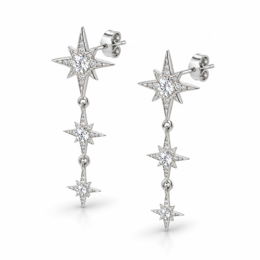 Triple CZ Starburst Cascade Drop Earrings Rhodium Plated 925 Sterling Silver 28mm