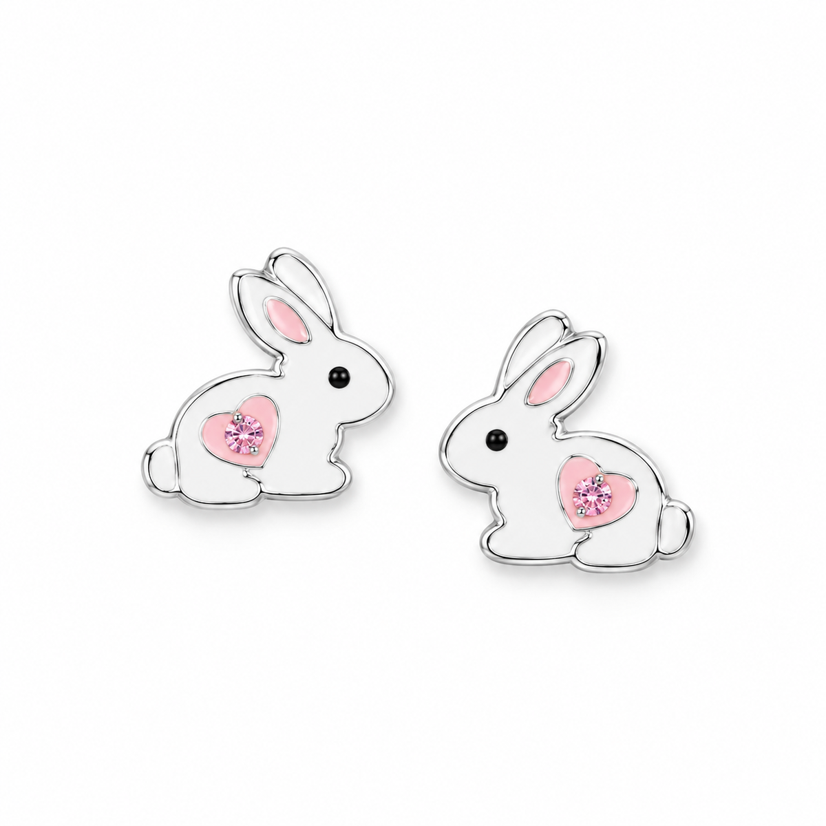 Bunny Stud Earrings White Pink Enamel Heart Crystal 925 Sterling Silver 9.5mm