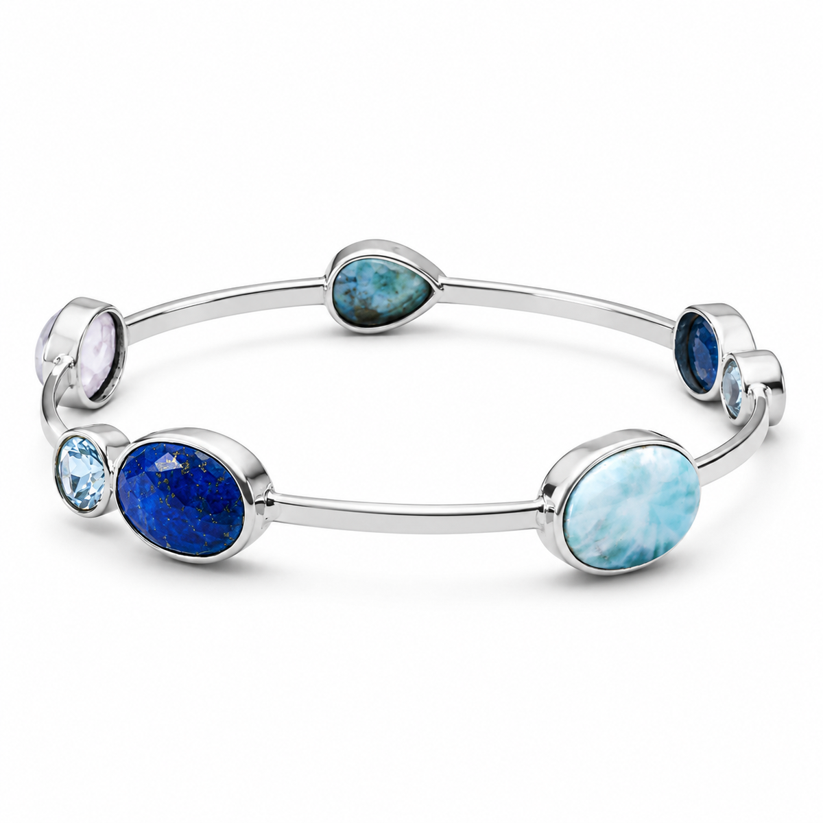 Multistone Stackable Bangle 925 Sterling Silver Larimar Topaz Moonstone 66mm