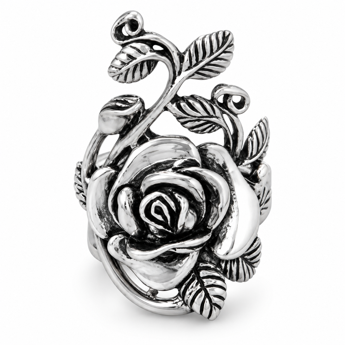 Oxidized Rose Ring 925 Sterling Silver Rose Stem Leaf Design 18.5x32mm